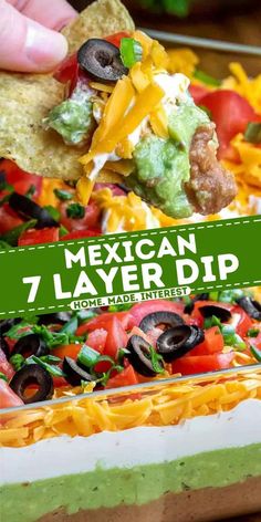 a mexican layer dip with tortilla chips and guacamole