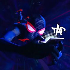 an animated spider man holding a laptop in his hand with the word at on it