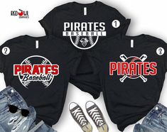 Personalized Pirates Baseball School Spirit T-Shirt Not all colors are available in youth sizes. Please check the color/size charts in photos. Sizes 4X and 5X are Gildan cotton tees. The perfect way to show your school spirit! This lightweight and super soft tee is everyone's favorite style. Size and color charts are available in the product photos. We do our best to accurately represent shirt colors by using actual photos but do understand that all monitors will display differently. Please cont Pirates Spirit Shirt, Baseball Spirit Shirts, School Baseball Shirt Designs, Cheap Tops With Baseball Collar For Team Spirit, Baseball Playoff Shirts, Casual T-shirt With Heat Transfer Vinyl For Sports Events, High School Baseball Shirt Designs, Baseball Spirit Wear, Black T-shirt With Baseball Custom Print