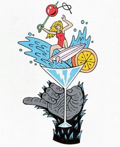 a drawing of a woman on top of a cocktail glass