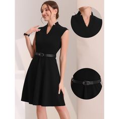 A classic dress with breathable fabric keeps you comfortable and gorgeous in spring, summer, autumn, and winter. Make this elegant above-knee-length dress your fashion priority, which is designed with a split neck, and fitted waistline. A functional high waist with belt loops, a tying sash belt, and ends at a flared skirt. Wear it with high heels and flat shoes for an elegant and casual look. Non-stretch Knee-length Office Dress, Sleeveless Solid Color Midi Dress For Work, Black V-neck Sleeveless Dress For Work, Knee-length Sleeveless Dress For Summer Office Wear, V-neck Sleeveless Dress For Office In Spring, Elegant Sleeveless V-neck Dress In Solid Color, Elegant Sleeveless Dress In Solid Color For Spring, Spring Office Sleeveless Dress, Elegant Sleeveless Dress For Spring Semi-formal