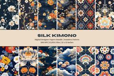 silk kimono digital paper pack with flowers and clouds in blue, orange, pink, yellow