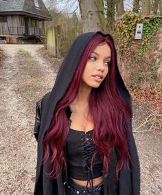 Burgundy Hair With Peekaboos, Quad Hair Color, Dark Red Eyebrows, Dark Red And Black Hair Ideas, Outfits For Dark Red Hair, Dark Black Red Hair, Maroon And Black Hair, Bright Burgundy Hair, Dark Red Hair Outfits