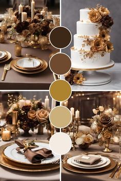 the table is decorated with gold and white flowers, candles, and chocolate colored cake