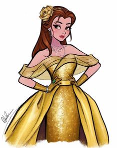 the princess from disney's beauty and the beast, dressed in gold with her hair styled