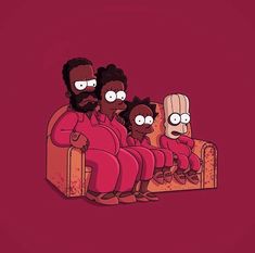 the simpsons family is sitting on a couch with their faces drawn in different colors and sizes