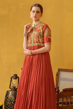 Burnt orange anarkali with floral applique, sequin, pipe, bead embellishment. - Aza Fashions Orange Anarkali, Bead Embellishment, Women Kurta, Floral Applique, Raw Silk, Anarkali, Aza Fashion, Burnt Orange, Half Sleeves