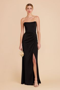 Anne Black Matte Satin Off Shoulder Bridesmaid Dress | Birdy Grey Black Formal Velvet Dress, Strapless Black Tie Dress, Formal Black Attire Women, Black Spring Bridesmaid Dresses, Black Dress Flowers, Black Strapless Bridesmaid Dress, Bridesmaid Dresses Black Satin, Black Floor Length Dress Formal, Black Satin Bridesmaid Dresses Long