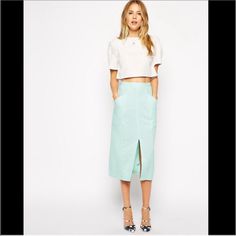 Pockets, Slit In Front, Never Worn Linen Pencil Skirt, Mint Green, Pencil Skirt, Checks, Womens Skirt, Asos, Size 4, Pencil, Mint