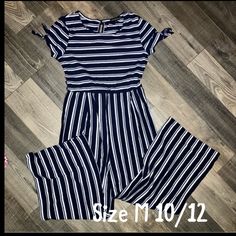 Navy/White Striped Ribbed Pull On Jumpsuit With Wide Legs, Elastic Waistband, Tie Knot Short Sleeves And Keyhole Button In Back Knit Jumpsuit, Knitting Girls, Tie Knots, Wide Legs, Navy White, Navy And White, White Stripe, Knot, Wide Leg