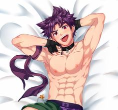 an anime character with purple hair and no shirt