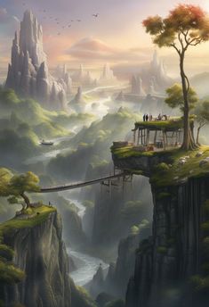 Elven Lair Digital Fantasy Painting Art Print Standing On A Cliff, A Man Standing, Fantasy Images, Elements Of Nature, Fantasy Paintings, Man Standing, Fantasy Armor, Fantasy Concept Art, A Bridge