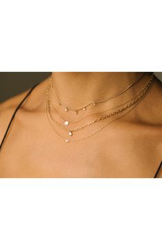 Five diamonds dangle daintily from a delicate curb chain in this lovely 14-karat-gold necklace. 14" length; 2" extender; 1/16" band width 2"L setting Lobster clasp closure Total diamond weight: 0.15ct. Color: F-G Clarity: SI2 14k gold/diamond Made in the USA Zoe Chicco, Gold Diamond, Chain Necklace, Gold Necklace, Nordstrom, Yellow Gold, Band, Chain, Gold