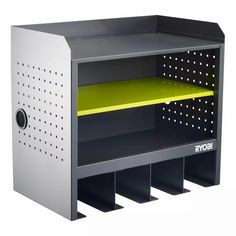 a gray and yellow shelf with holes on the bottom, two green shelves below it