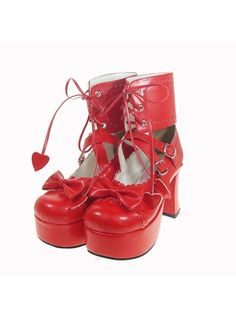 Red 3.7" Heel High Romatic Patent Leather Round Toe Ankle Straps Platform Women Lolita Shoes Red Ballet Shoes, Heart Heels, White High Heels, Heart Themed, Pu Heels, White Heels, Ankle Straps, Lace Up Flat, Winter Boot