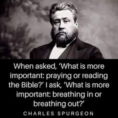 a man with a beard sitting in front of a black and white photo text reads, when asked, what is more important praying or reading the bible?