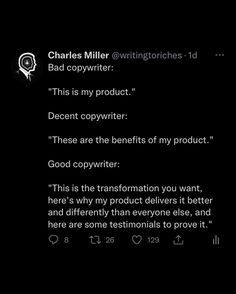 the text on the screen says,'this is my product decent copywriter these are the benefits of my product good copywriter