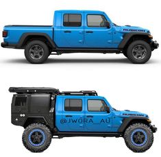 two pictures of a blue jeep with black wheels and tires, one showing the front and side view