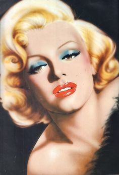 a painting of a woman with blonde hair and blue eyeshades, wearing red lipstick