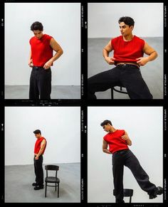 four different shots of a man sitting on a chair with his hands in his pockets