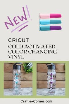 "Photo of a water bottle with cold activated color changing Cricut vinyl. The vinyl is blue when the bottle is at room temperature but changes to purple when exposed to cold water or a cold environment." Color Change Vinyl, Color Changing Vinyl Ideas, Diy Color Changing Cup, Color Changing Tumbler Vinyl Ideas, Color Changing Vinyl Cup, Vinyl Board