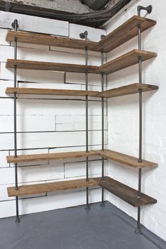 the shelves are made out of wood and metal