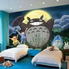 a bedroom with two beds and a mural on the wall