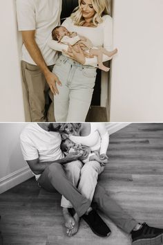 two photos of people holding babies in their arms