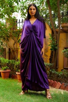 Shop for OMANA BY RANJANA BOTHRA Purple Knotty Cowl Draped Satin Kaftan for Women Online at Aza Fashions Dress With Draped Sleeves For Party And Eid, Eid Party Dresses With Draped Sleeves, Party Dresses With Draped Sleeves For Eid, Eid Dresses With Draped Sleeves, Draped Dress For Eid Party, Draped Kaftan For Eid, Festive Draped Silk Kaftan, Satin Kaftan, Kaftan For Women