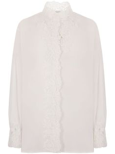 white silk crepe de chine lace trim mock neck concealed front button fastening drop shoulder long sleeves buttoned cuffs straight hem Luxury Blouse With Lace Trim, Luxury Long Sleeve Tops With Lace Trim, Luxury Long Sleeve Tops For Wedding, Luxury Long Sleeve Blouse For Wedding, Luxury Long Sleeve Wedding Blouse, Formal Silk Blouse With Lace Trim, Elegant Silk Blouse With Lace Trim, White Blouse With Lace Cuffs For Work, White Blouse With Lace Sleeves For Work