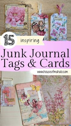 some pink flowers and tags with the words, 15 junk journal tags & cards on them