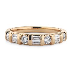 This unique bar-set band features alternating round and stacked baguette natural diamonds for a look full of sparkle and fire. Crafted in warm 14-karat yellow gold  it makes a beautiful wedding band or a great addition to any ring stack. Gold Baguette Wedding Band, Baguette Wedding Band, Beautiful Wedding Bands, Art Deco Wedding Band, Classic Wedding Band, Step Parenting, Baguette Ring, Step Kids, Ring Stack