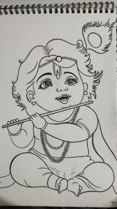 a drawing of a baby sitting on the ground with a flute in its mouth and holding a