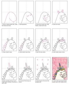 step by step instructions to draw a unicorn with different facial expressions and head shapes for children