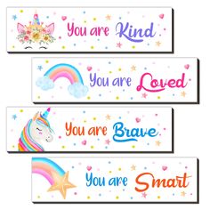 three unicorn name tags with stars and rainbows on the top one says you are kind, you are loved, you are brave, you are smart