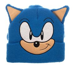 a blue beanie with an image of sonic the cat on it's face