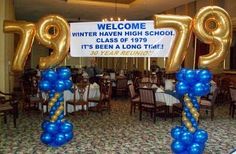 balloons and streamers in the shape of numbers are displayed for guests to welcome them