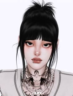 a woman with black hair and piercings on her neck is looking at the camera