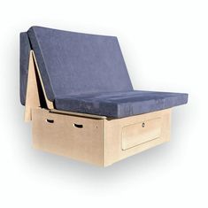 a wooden bed with a blue mattress on it's side and two drawers underneath