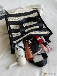 BirdinBag - Striped Two Tone Medium Straw Bag: Chic and Stylish Casual Striped Rectangular Straw Bag, Striped Rectangular Shoulder Bag For Travel, Trendy Striped Rectangular Bag, Black Canvas Satchel For Summer, Black Satchel Canvas Bag For Summer, Summer Striped Bags For Daily Use, Summer Striped Pattern Bag For Daily Use, Striped Bags For Daily Use In Summer, Striped Rectangular Bag With Adjustable Strap