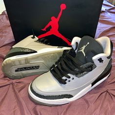 The Air Jordan 3 Retro Goes Greyscale, Thanks To A Tumbled Leather Upper In A Refined Wolf Grey Finish. The Neutral Shade Is Accentuated By Contrasting Black Hints On The Tongue, Collar, Heel, Eyelets And Midsole. The Shoe’s Signature Elephant Print Overlays Are Given A New Look, With Metallic Silver Accents Standing Out In Relief Against A Black Background. These Have Been Worn Literally 1-2 Times. Smoke Free, Pet Free Home. Original Box. Jordan Grey, Jordan 3 Retro, Air Jordan 3 Retro, Air Jordan 3, Jordan 3, Elephant Print, Jordans For Men, Silver Accents, Jordan Shoes