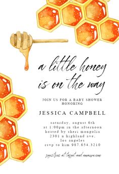 the honey is on the way baby shower card features an image of a honeycomb and a