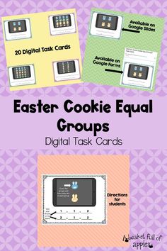 the easter cookie equal groups task cards are shown in three different colors and styles, with text