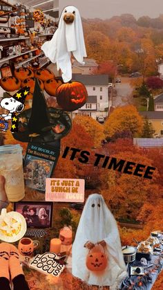 a collage of halloween items including pumpkins, ghost hats, and other decorations