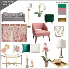 living room mood board with pink and green accents