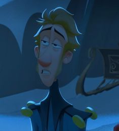 an animated man with blonde hair wearing a blue suit and looking at something in the distance