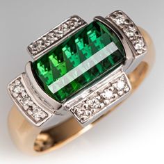 Gemstone and Cocktail Rings | EraGem Green Tourmaline Ring, Rectangular Cushion, Bead Set, Tourmaline Ring, Yellow Gold Ring, One 1, Green Tourmaline, Round Brilliant Cut Diamond, Brilliant Cut Diamond