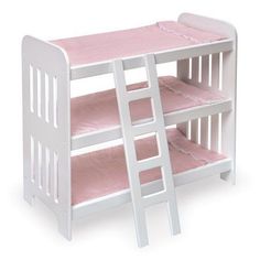 a dollhouse bunk bed with pink and white bedspread, ladders and mattresses