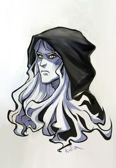 a drawing of a woman with long white hair and a black hat on her head