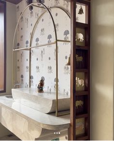 a bathroom with a marble sink and wallpaper in the background, along with shelving